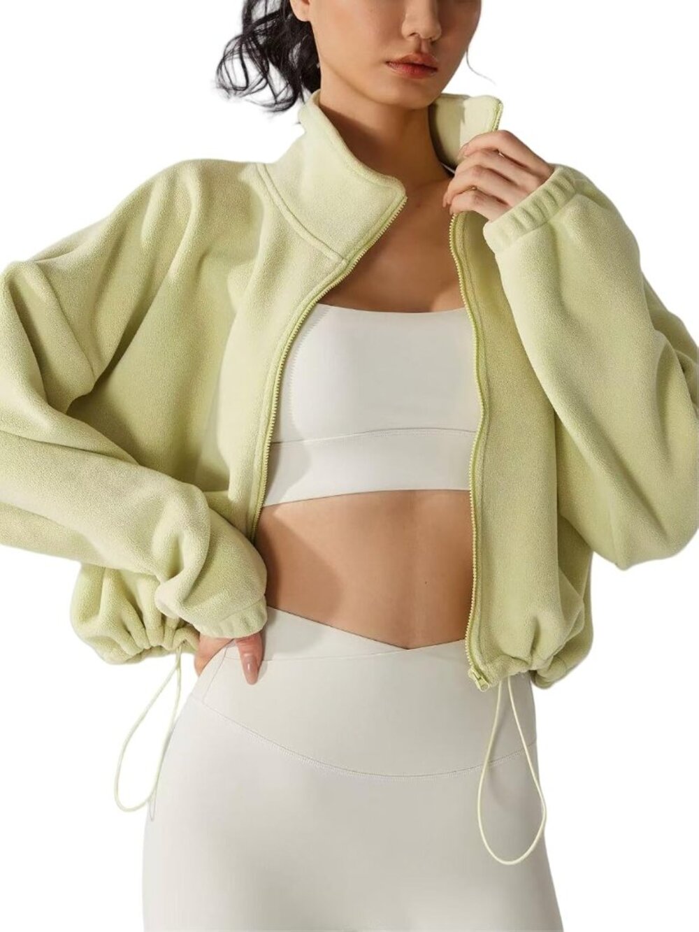 Women Lime Green Oversized Drop Shoulders Full-zip Long Sleeve Fleece Jacket